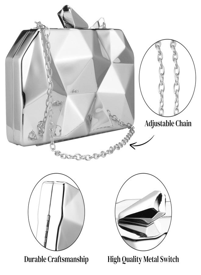 Simcat Women Geometric Lattice Pattern Metal Evening Bag Bridal Prom Crossbody Bag Party Clutch Wedding Purse with Chain (Silver) - Image 5